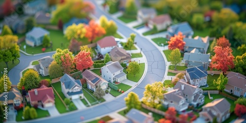 Modern generic contemporary style miniature illustration of houses and trees of a landscaped neighborhood model with tilt-shift focus technique