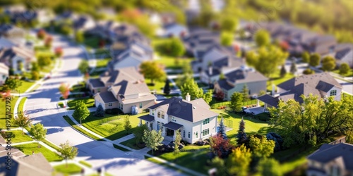 Modern generic contemporary style miniature illustration of houses and trees of a landscaped neighborhood model with tilt-shift focus technique, with copy space