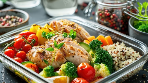 Meal prep setup with grilled chicken, quinoa, and steamed vegetables © Ibad