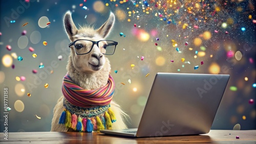 Fototapeta Naklejka Na Ścianę i Meble -  Llama in Glasses Working on Laptop with Confetti, llama , computer , confetti , animal