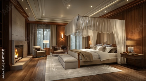 Spacious Bedroom With Fireplace and Bed