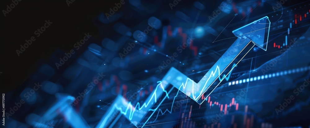 © Nature Lover - Sky blue sharp arrow moving up a financial graph, dark background, high detail,