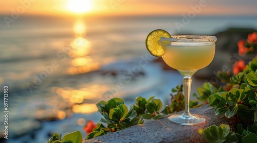 Margarita on Wooden Table by Ocean