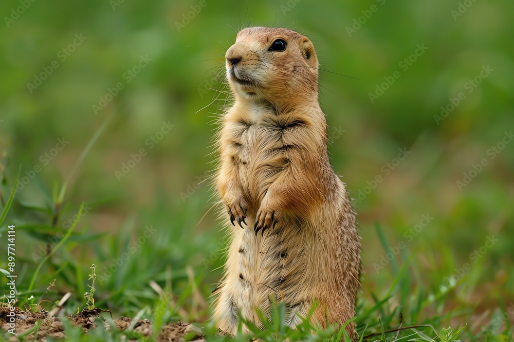Fototapeta premium Close-up of a prairie dog standing alert in a grassy field, showcasing its natural habitat and adorable posture.