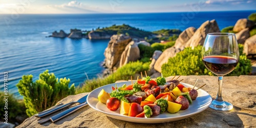 Fototapeta Naklejka Na Ścianę i Meble -  Mediterranean Summer Feast with Wine and Ocean View, sea , wine , summer , food