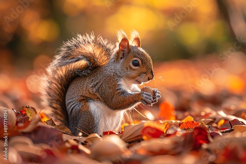 Cute squirrel holding a nut while sitting on autumn leaves in a forest, bathed in warm sunlight.