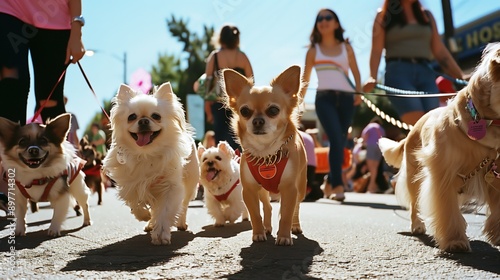 Dogs Walking in a Pet Parade on a Sunny Day