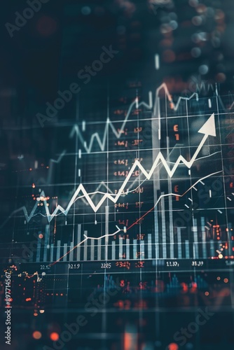 Snow white upward arrow, crisp financial chart, dark setting, high clarity,