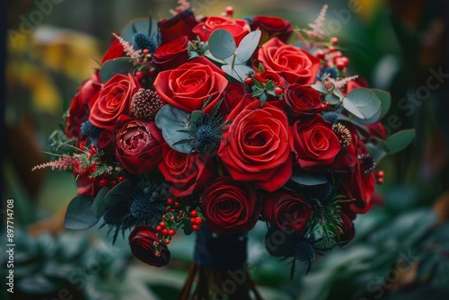 Bouquet of Red and Pink Roses With Greenery