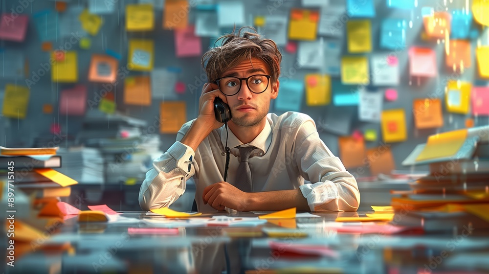 Young Man Talking on Phone at Desk Covered in Notes Young Man Talking on Phone at Desk Covered in Notes