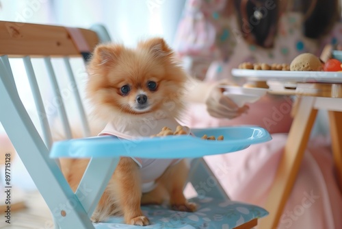 Small Dog Wearing Bib Sitting in High Chair Ready for Meal photo