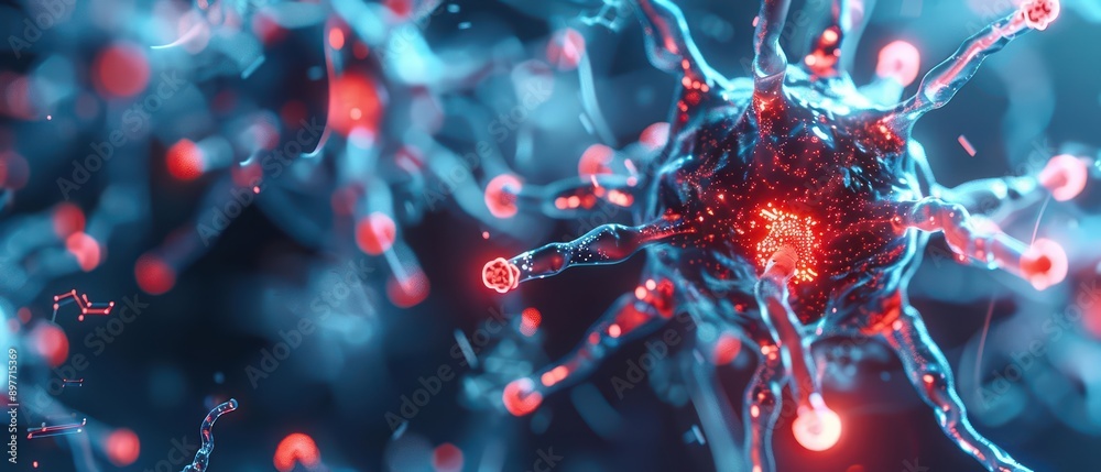 A detailed depiction of nanotechnology with microscopic robots and particles illuminated by futuristic light effects