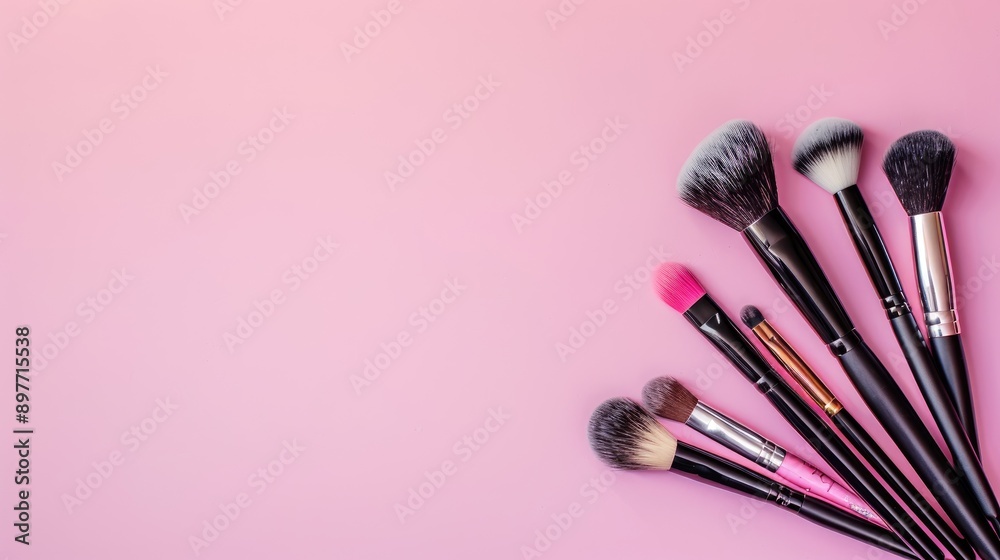 Makeup brushes on pink background with space for text