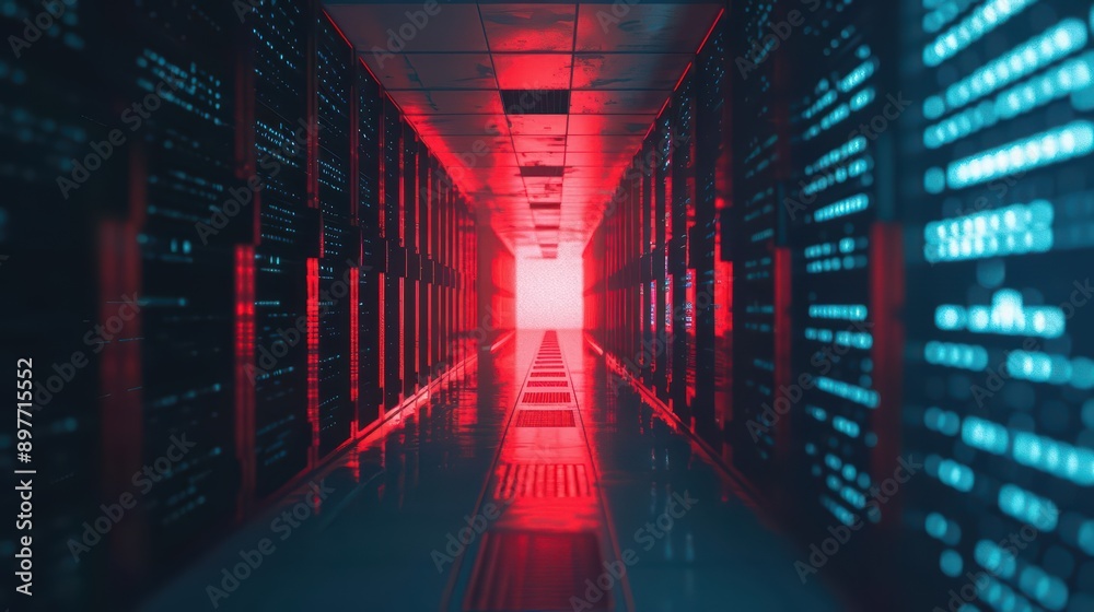 A dramatic depiction of a system malfunction with glitching screens and error messages overlaying a server room A dramatic depiction of a system malfunction with glitching screens and error messages overlaying a server room