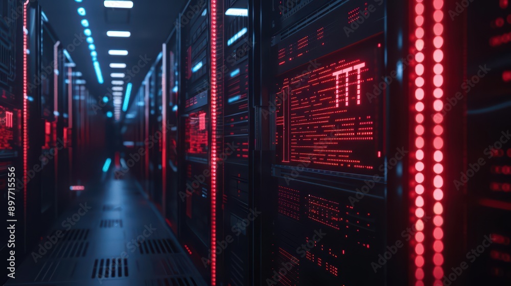 A dramatic depiction of a system malfunction with glitching screens and error messages overlaying a server room A dramatic depiction of a system malfunction with glitching screens and error messages overlaying a server room