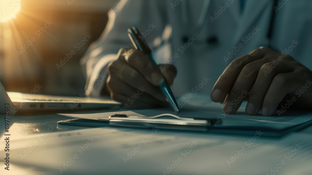 A focused scene of a doctor analyzing medical charts with sunlight filtering through an office A focused scene of a doctor analyzing medical charts with sunlight filtering through an office
