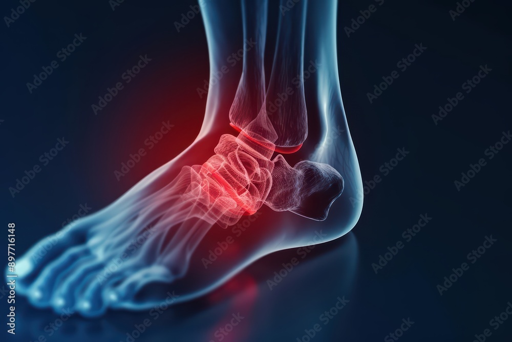 A focused scene of a foot with a red highlight around the affected area, illustrating intense foot pain and drawing attention to the specific discomfort, banner, with copy space A focused scene of a foot with a red highlight around the affected area, illustrating intense foot pain and drawing attention to the specific discomfort, banner, with copy space