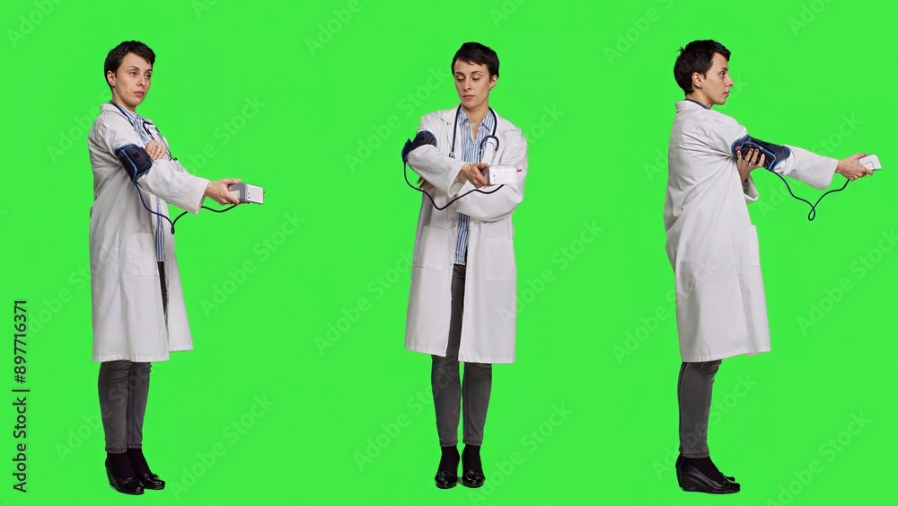 Healthcare specialist using a tonometer to measure high blood pressure and pulse, presenting tool used at checkup examinations. Doctor in white coat stands against greenscreen backdrop. Camera A.