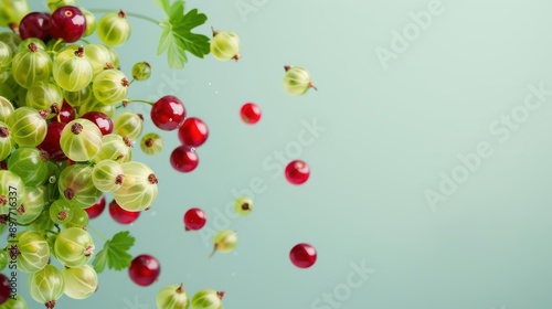 A fresh portrayal of gooseberries bursting outward with green and red berries scattering, capturing the essence of a tart and juicy gooseberry explosion, banner, with copy space