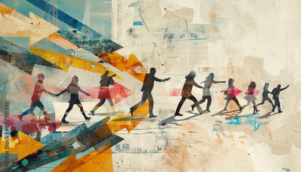 Fototapeta premium Ultra-sharp photo of a contemporary art collage portraying people moving towards arrows, reaching