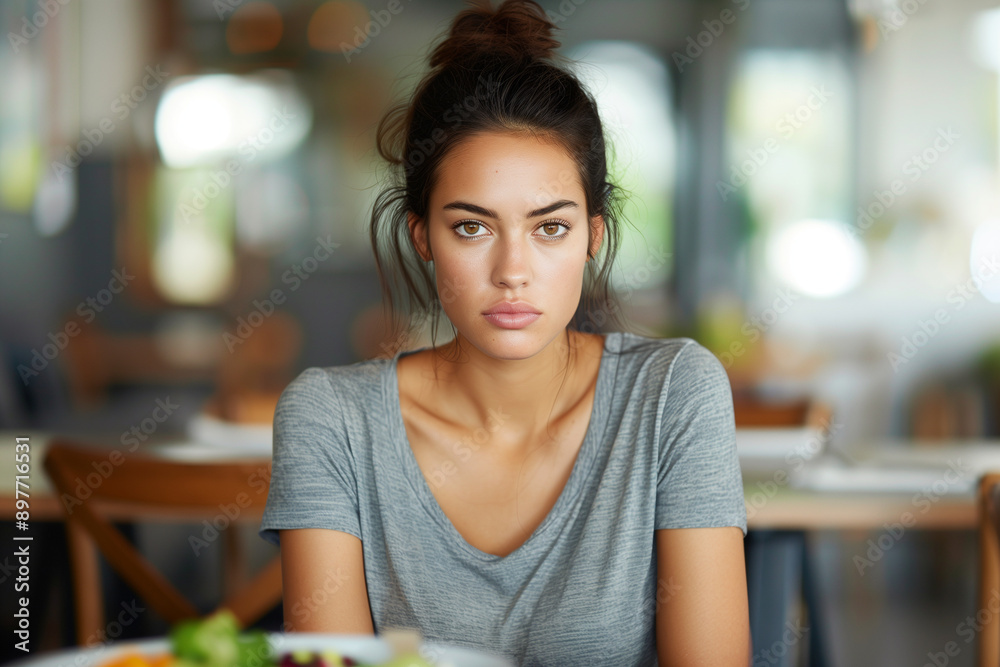 Unhappy young woman at a restaurant table, looking displeased with a meal in front of her. Bad food taste problem and negative face expression, frustrated client with copy space. P Unhappy young woman at a restaurant table, looking displeased with a meal in front of her. Bad food taste problem and negative face expression, frustrated client with copy space. P