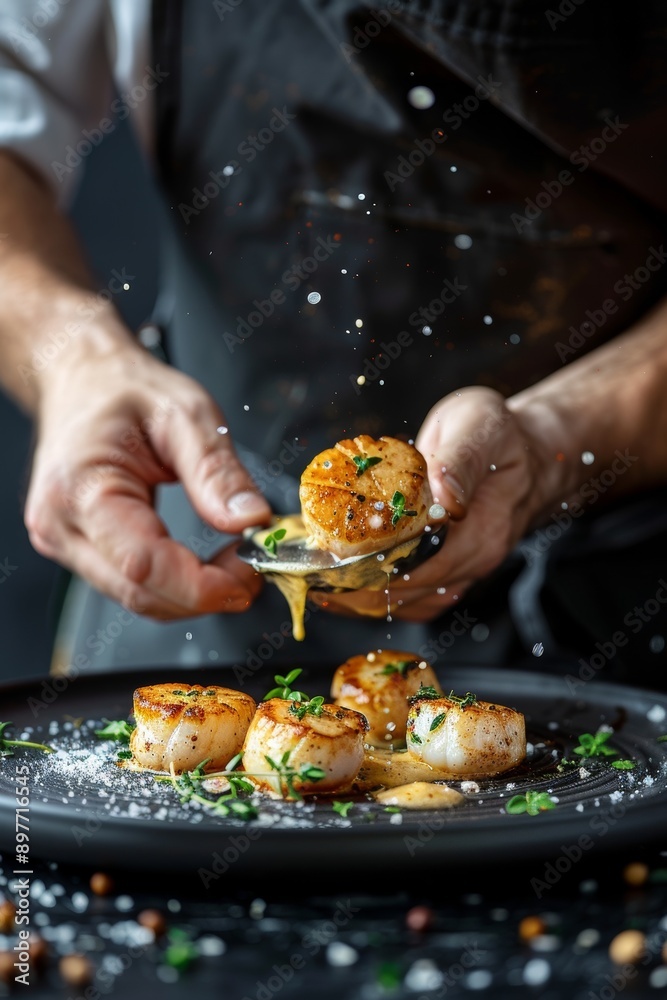 Ultra-sharp photo of a fine dining chef preparing grilled scallops in creamy butter lemon or Cajun Ultra-sharp photo of a fine dining chef preparing grilled scallops in creamy butter lemon or Cajun