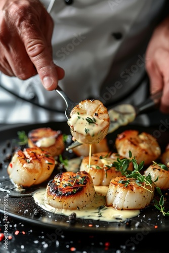 Ultra-sharp photo of a fine dining chef preparing grilled scallops in creamy butter lemon or Cajun