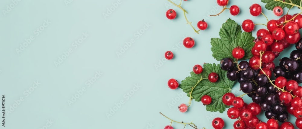 A lively depiction of currants bursting outward with bright red and black berries, creating a vibrant and tangy currant explosion, banner, with copy space A lively depiction of currants bursting outward with bright red and black berries, creating a vibrant and tangy currant explosion, banner, with copy space