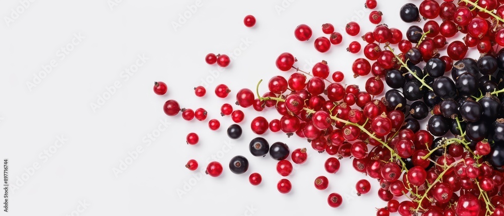 A lively depiction of currants bursting outward with bright red and black berries, creating a vibrant and tangy currant explosion, banner, with copy space A lively depiction of currants bursting outward with bright red and black berries, creating a vibrant and tangy currant explosion, banner, with copy space