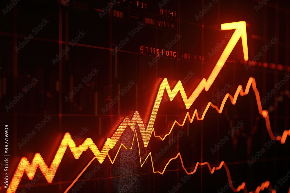 Sunset orange digital arrow climbing a black stock chart, cinematic, high detail, Sunset orange digital arrow climbing a black stock chart, cinematic, high detail,