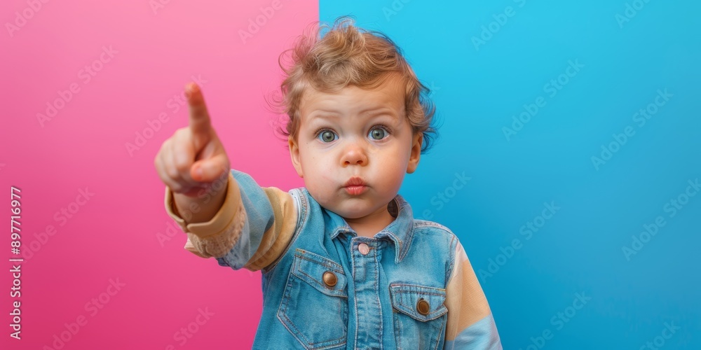 Toddler as a boss pointing finger up on bright background, with copy space Toddler as a boss pointing finger up on bright background, with copy space