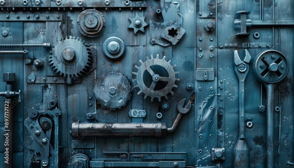 Ultra-sharp photo depicting a backdrop of metal textures with mechanical tools, pipes, cogs, wheels Ultra-sharp photo depicting a backdrop of metal textures with mechanical tools, pipes, cogs, wheels