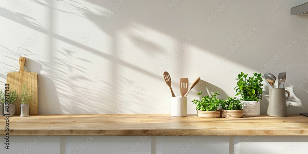 Obraz premium Warm sunlight on a wooden kitchen countertop adorned with greenery and utensils. White and wood theme and minimalist. Concept of interior design and mockup, with copy space