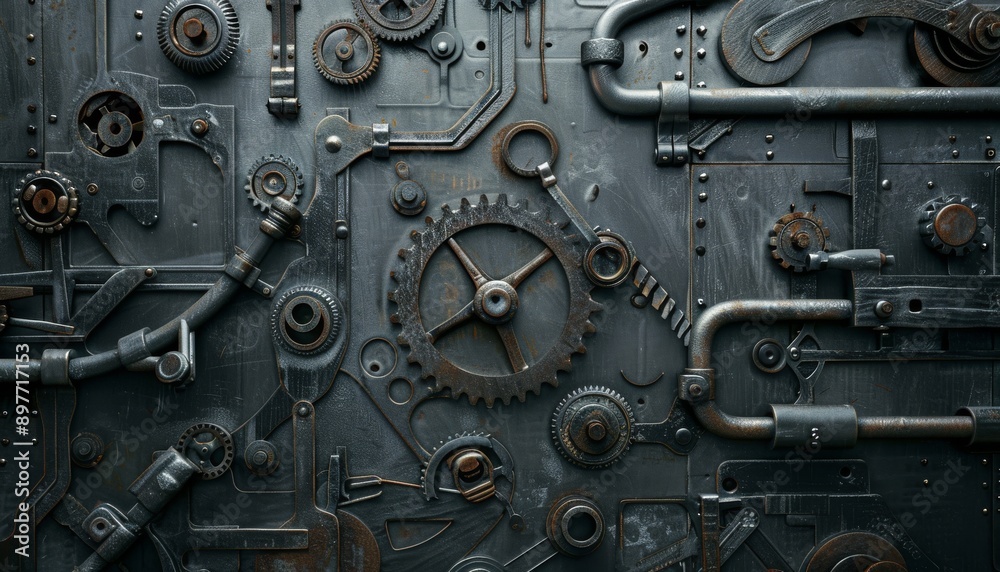 Ultra-sharp photo depicting a backdrop of metal textures with mechanical tools, pipes, cogs, wheels Ultra-sharp photo depicting a backdrop of metal textures with mechanical tools, pipes, cogs, wheels