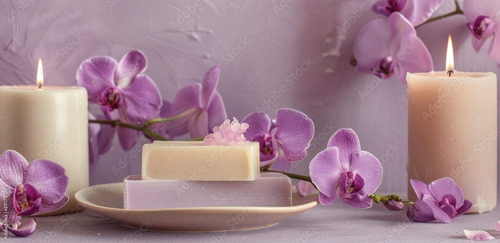 Ultra-sharp photo depicting a beautiful arrangement orchid flowers and soap bars alongside candles Ultra-sharp photo depicting a beautiful arrangement orchid flowers and soap bars alongside candles