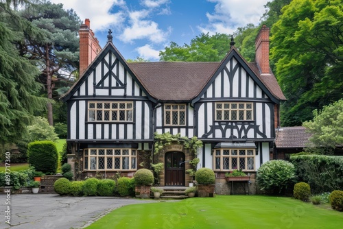 A picturesque Tudor house with intricate decorative woodwork