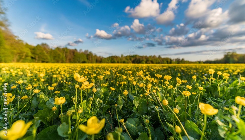 Close-Up of yellow buttercups on meadow against sunlight and blue sky Close-Up of yellow buttercups on meadow against sunlight and blue sky
