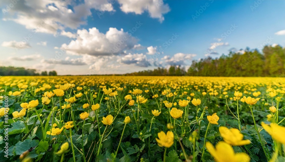 Close-Up of yellow buttercups on meadow against sunlight and blue sky Close-Up of yellow buttercups on meadow against sunlight and blue sky