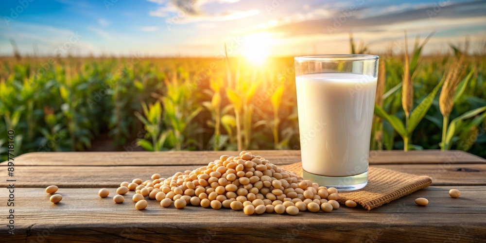 Soy Milk in a Glass on a Wooden Table with a Soy Field in the Background, soy , milk , field , plant Soy Milk in a Glass on a Wooden Table with a Soy Field in the Background, soy , milk , field , plant