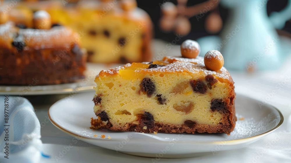 A close-up of a delicious slice of fruitcake with raisins and nuts, placed on a white plate, dusted with powdered sugar A close-up of a delicious slice of fruitcake with raisins and nuts, placed on a white plate, dusted with powdered sugar