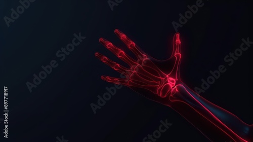 A vivid portrayal of a hand with a red highlight around the painful region, emphasizing hand pain and drawing attention to the area in distress, banner, with copy space photo