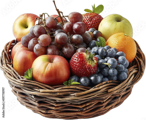 Colorful Fruit Basket Fresh Apples Oranges and Grapes Arranged in a Woven Basket