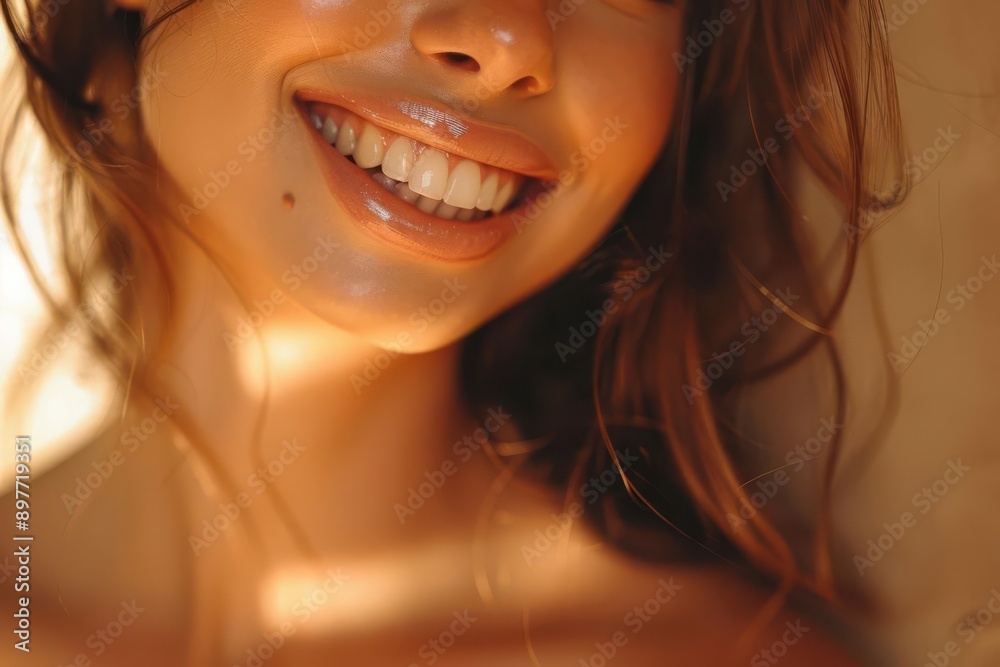 Close-up portrait of a woman with a bright, genuine smile, showcasing healthy, white teeth. The warm lighting adds a soft, radiant glow to her skin. Close-up portrait of a woman with a bright, genuine smile, showcasing healthy, white teeth. The warm lighting adds a soft, radiant glow to her skin.