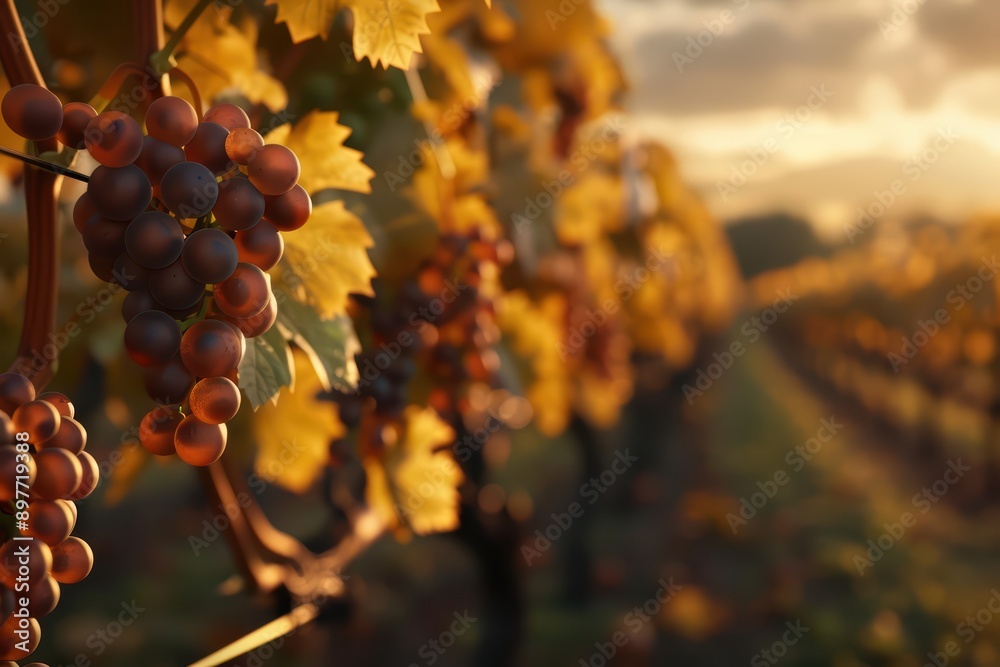 Fototapeta premium An enchanting scene of a vineyard at sunset with vines glowing in the warm light of autumn
