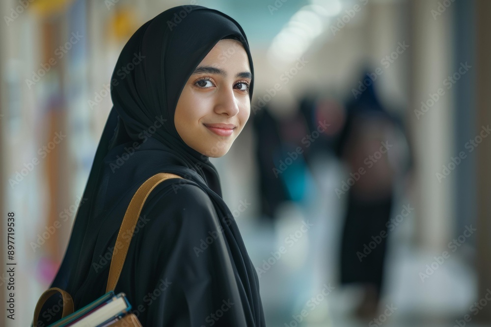 Confident young woman in hijab at a university, smiling over her shoulder with books in hand. Confident young woman in hijab at a university, smiling over her shoulder with books in hand.
