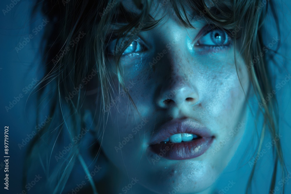 Close-up portrait of a young woman with blue eyes looking up, bathed in blue light. Close-up portrait of a young woman with blue eyes looking up, bathed in blue light.