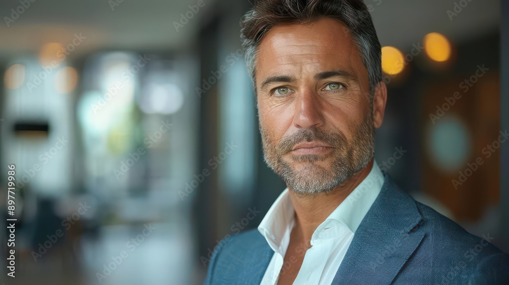 Obraz premium Confident businessman with stylish hair and beard, dressed in a blazer, posing in a modern office environment.