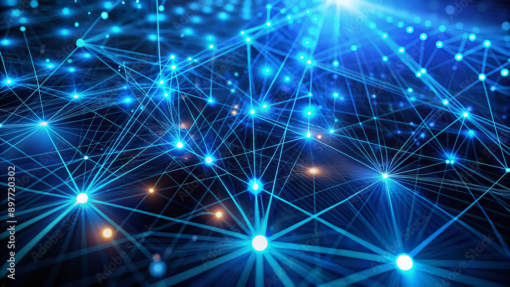 Futuristic blue glowing lines and dots interconnected in a complex three-dimensional grid, suspended in darkness, representing technology and digital communication networks. Futuristic blue glowing lines and dots interconnected in a complex three-dimensional grid, suspended in darkness, representing technology and digital communication networks.