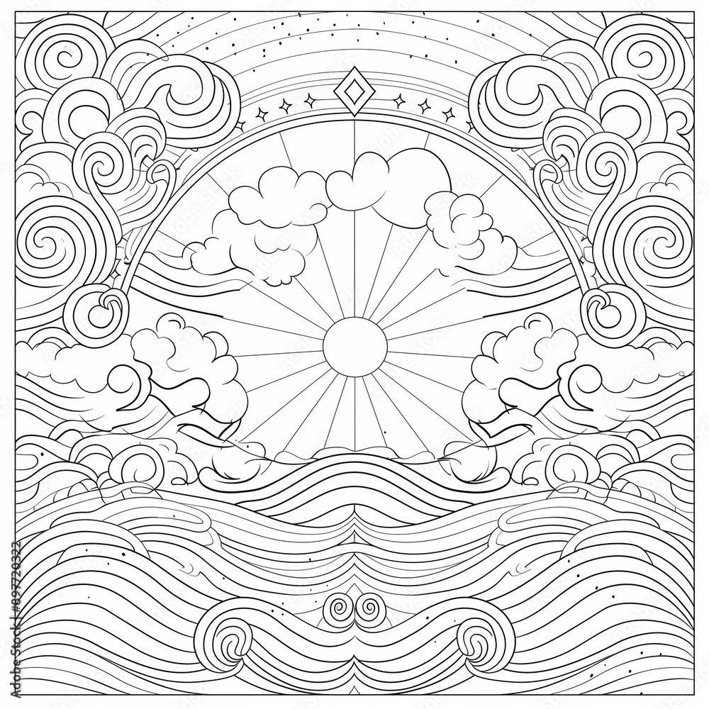 Fototapeta Black and white outline art for coloring page. Abstract beautiful detailed mandala art with waves and circles and the sun. Clean line art.