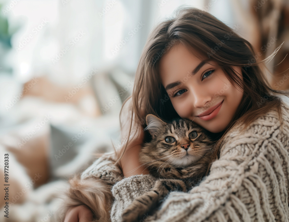 猫を抱きしめる若い白人女性。リビングルームが背景。 猫を抱きしめる若い白人女性。リビングルームが背景。